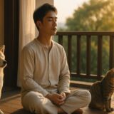 ap000003 | 朝日を浴び瞑想をする男性 愛犬との静かなひととき【フリー素材】