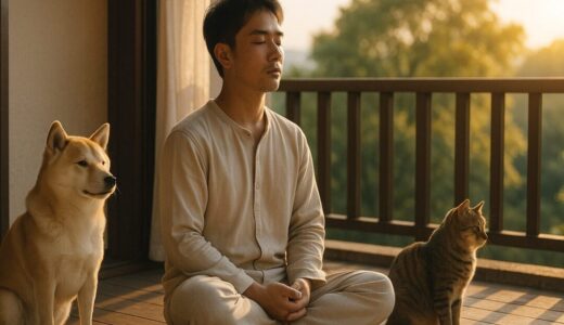 ap000003 | 朝日を浴び瞑想をする男性 愛犬との静かなひととき【フリー素材】