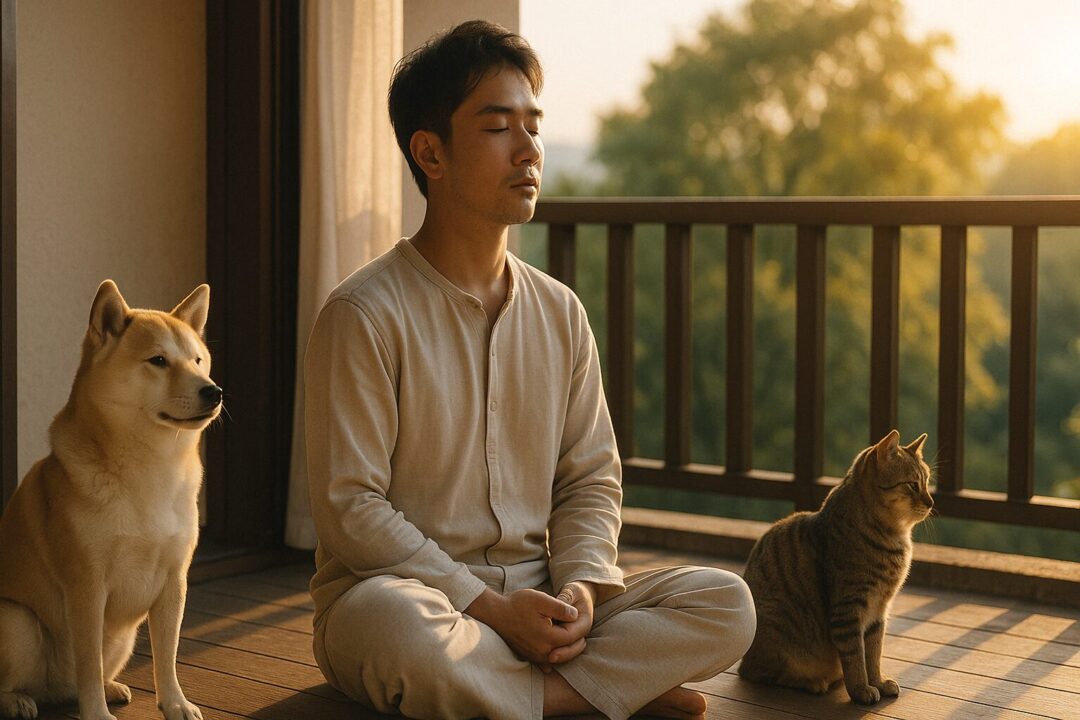 朝日を浴び瞑想をする男性 愛犬との静かなひとときのシーン