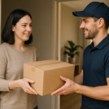 ap000012 | 女性が玄関で宅配業者に荷物を手渡すシーン【フリー素材】