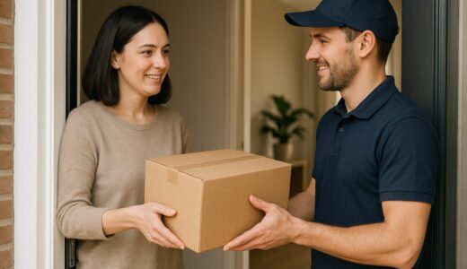 ap000012 | 女性が玄関で宅配業者に荷物を手渡すシーン【フリー素材】