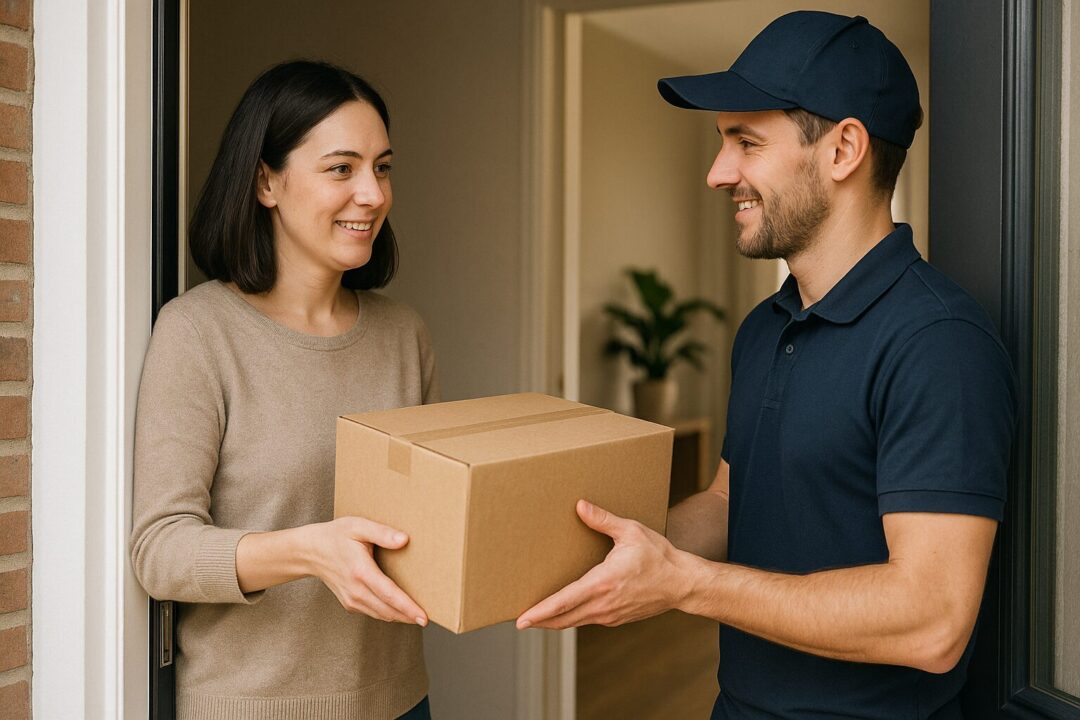 女性が玄関で宅配業者に荷物を手渡すシーン
