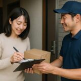 ap000013 | マンション玄関で荷物を受け取る日本人女性【フリー素材】