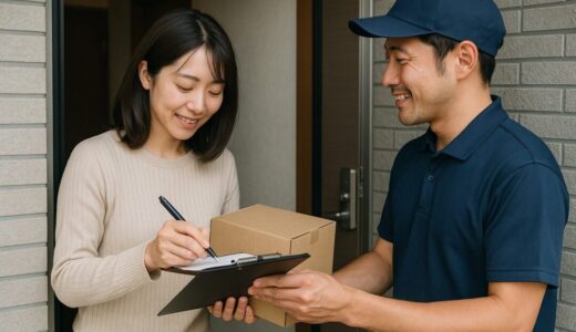 ap000013 | マンション玄関で荷物を受け取る日本人女性【フリー素材】