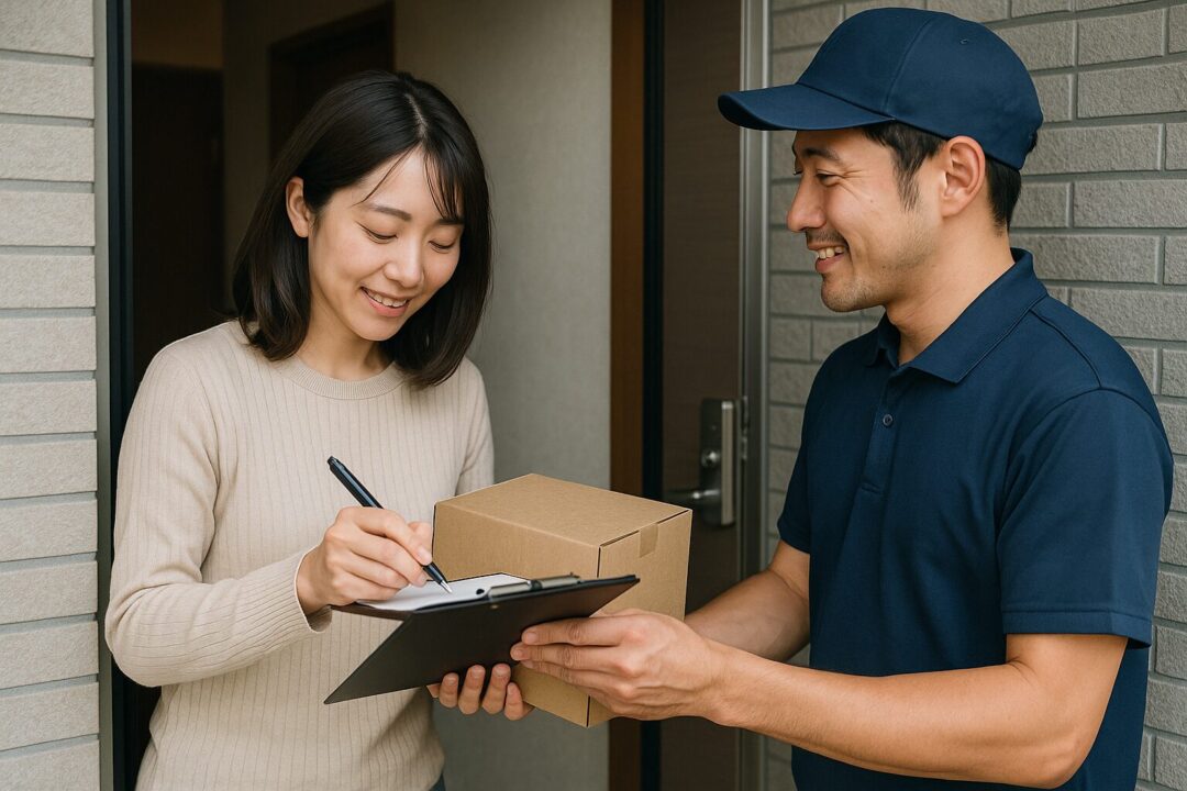 マンション玄関で荷物を受け取る日本人女性