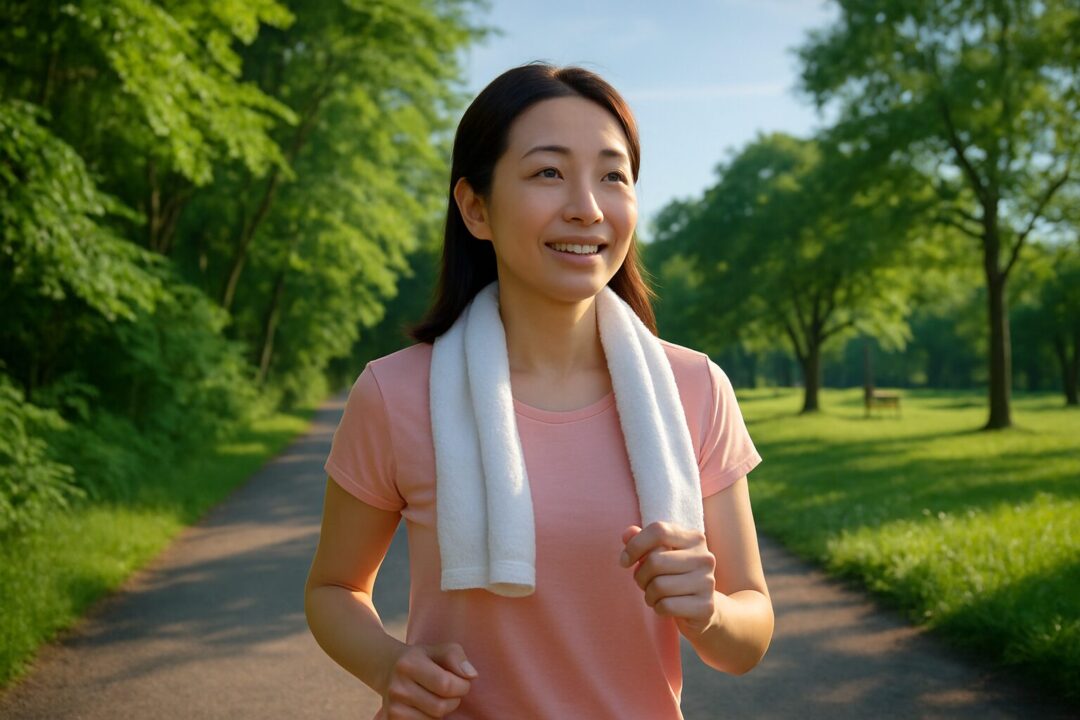 夏の朝、自然豊かな公園をタオルを首にかけた女性がリラックスしながらウォーキング。柔らかな陽光と緑が心地よい空気感を演出