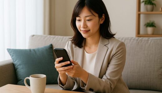 ap000015 | 自宅のソファでスマホを操作する20代OL【フリー素材】