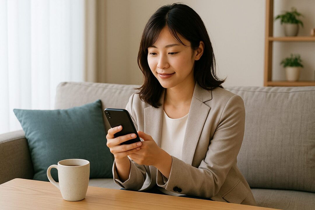 落ち着いた雰囲気のリビングで、スマホを片手に微笑む日本人女性。テーブルにはマグカップが置かれ、リラックスした空気が漂っている。