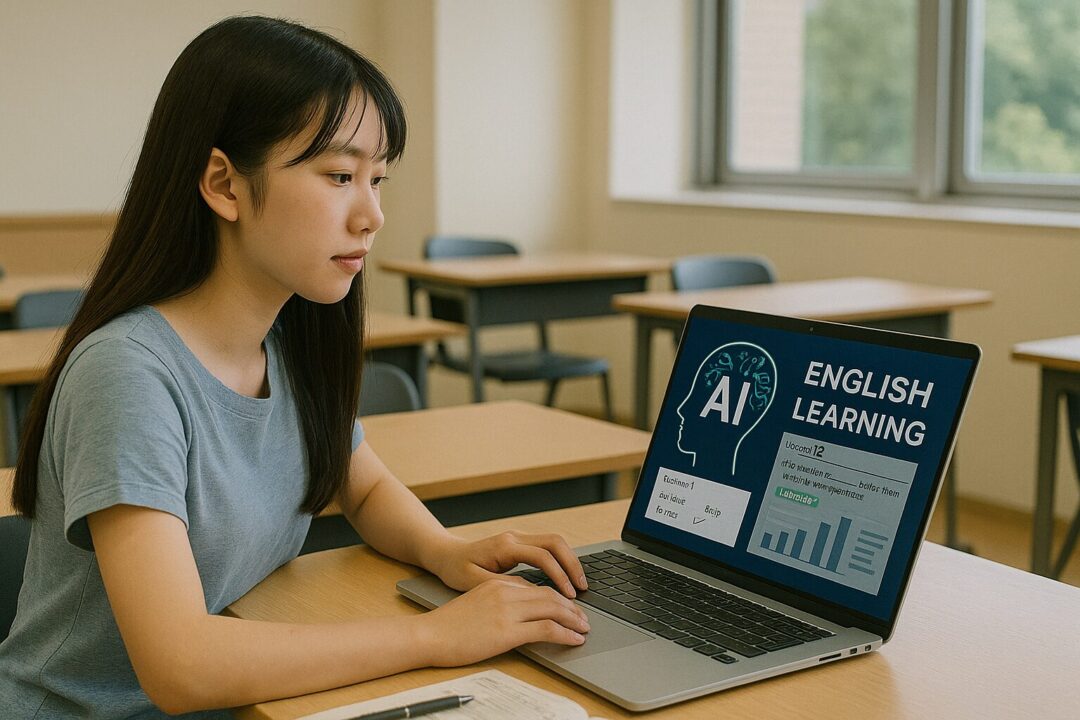 教室の机に座り、AI学習システムで英語を学ぶ日本人高校生。ノートPCに表示されたデータ分析画面に集中し、自習室のような落ち着いた雰囲気。