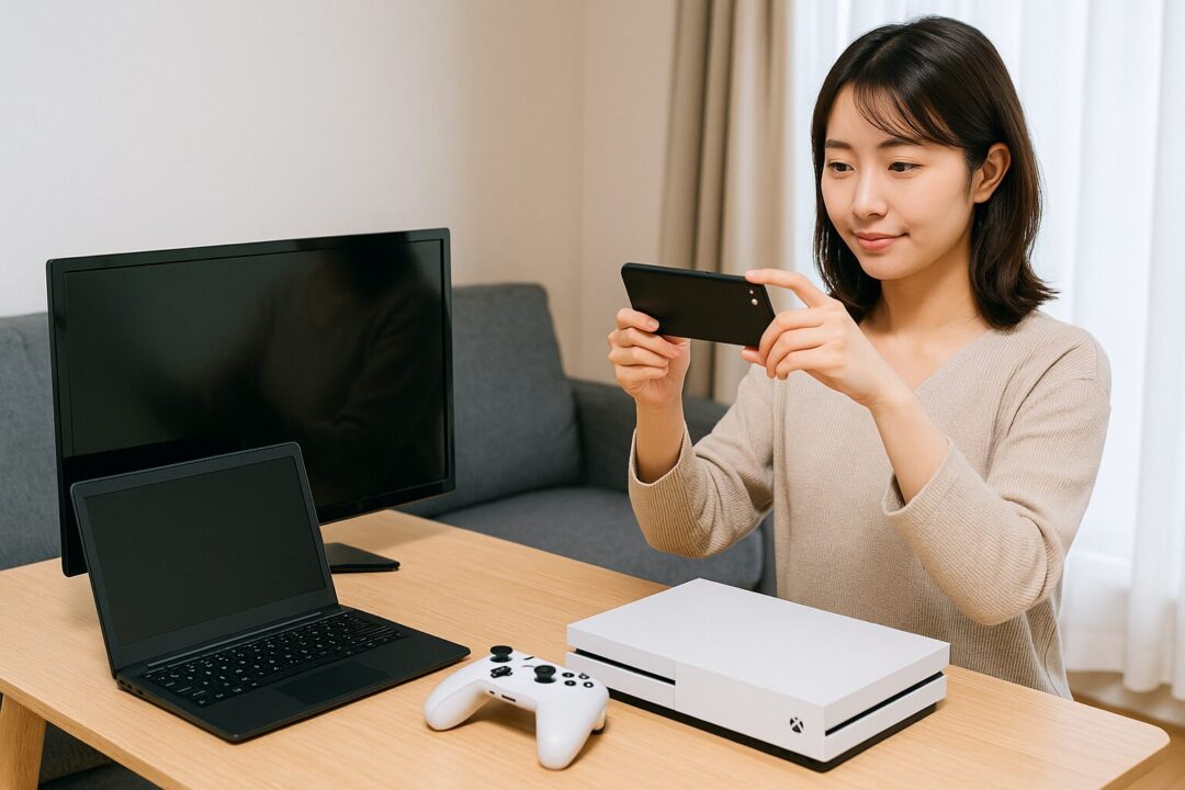 自宅のリビングで、テレビ・パソコン・ゲーム機をテーブルに並べ、スマホで撮影している日本人女性。自然光が差し込む明るい室内での作業風景。