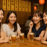夏の夜、居酒屋のテーブルで笑顔でビールを片手に盛り上がる4人の日本人女性たち。暖かい照明と賑やかな雰囲気が楽しい時間を演出している。