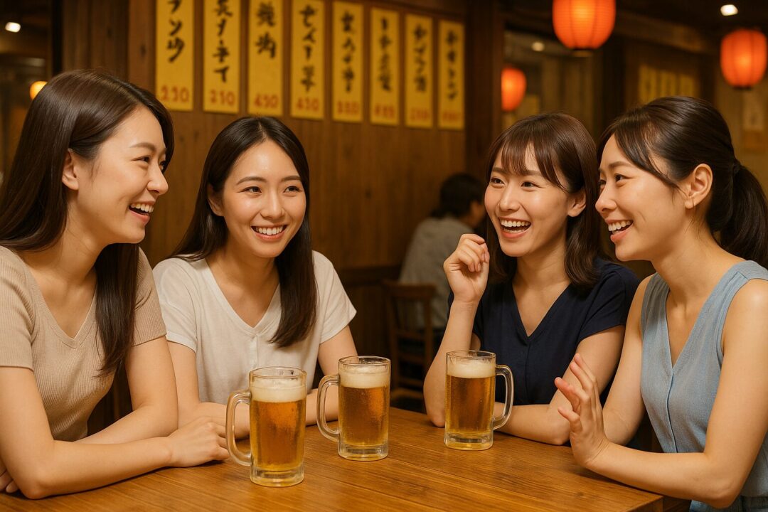 夏の夜、居酒屋のテーブルで笑顔でビールを片手に盛り上がる4人の日本人女性たち。暖かい照明と賑やかな雰囲気が楽しい時間を演出している。