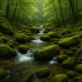 緑豊かな森の中を流れる小川が、苔に覆われた岩を静かに流れ下る。柔らかな光に包まれ、静寂と安らぎを感じる風景。