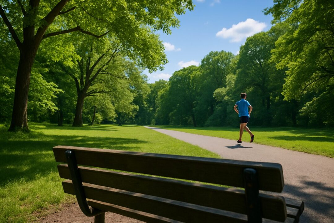 緑あふれる公園でベンチに座り、遠くを走るランナーを眺める視点。青空の下、木々の影が心地よい涼しさを演出している