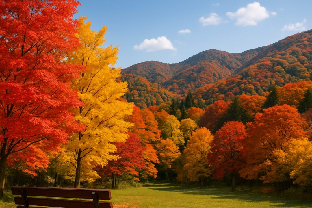 真っ赤な紅葉と鮮やかな黄色の銀杏が山々を染め上げる秋の風景。青空に映える色鮮やかな自然が、季節の美しさを際立たせている風景
