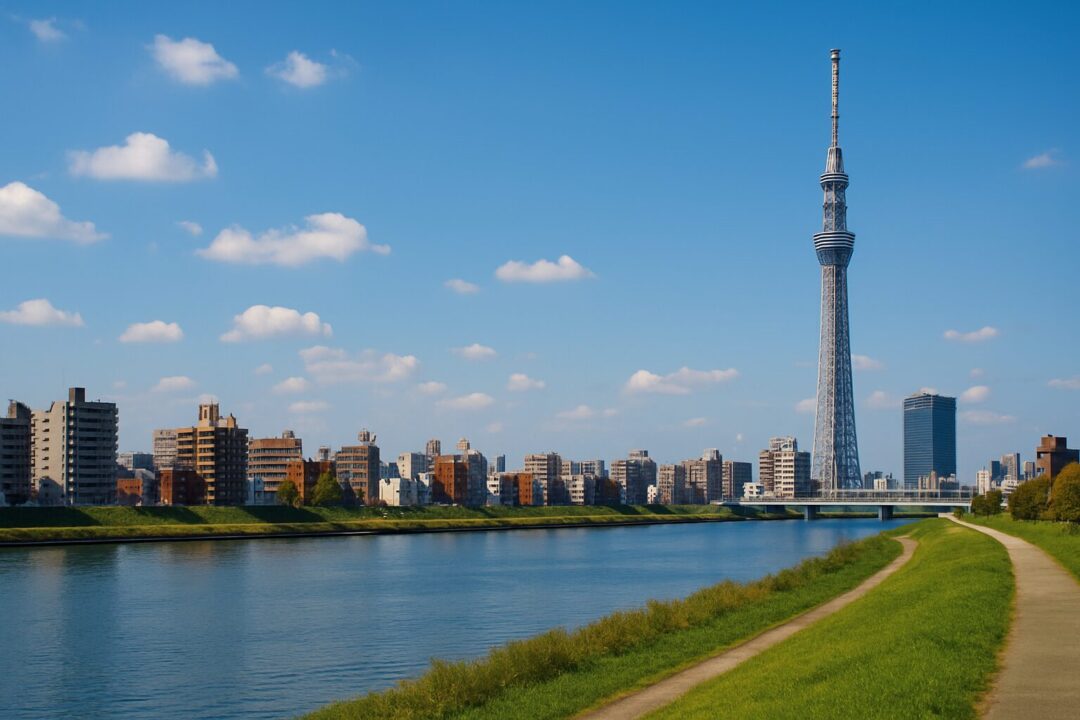 澄み渡る青空の下、江戸川の河川敷越しに見えるスカイツリーと東京の高層ビル群。自然と都市が調和する都会的な風景
