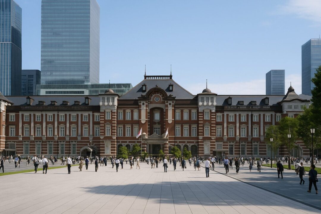 晴天の下、赤レンガ造りの東京駅丸の内駅舎を背景に、多くの人々が行き交う駅前広場の様子。高層ビル群と調和する都市の活気が感じられるシーン