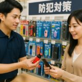 防犯対策コーナーで男性店員が催涙スプレーを手に取り、女性客に説明している様子。防犯ブザーなど多様な防犯グッズが並ぶ明るい売り場