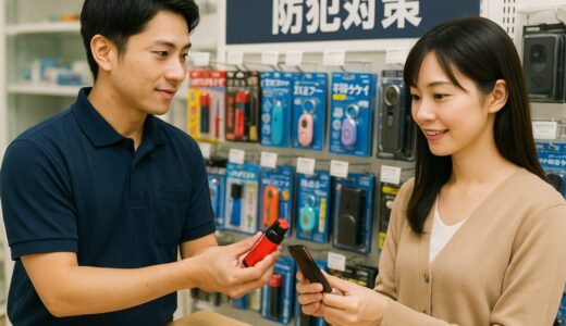 防犯対策コーナーで男性店員が催涙スプレーを手に取り、女性客に説明している様子。防犯ブザーなど多様な防犯グッズが並ぶ明るい売り場