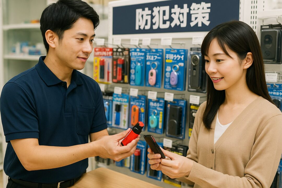 防犯対策コーナーで男性店員が催涙スプレーを手に取り、女性客に説明している様子。防犯ブザーなど多様な防犯グッズが並ぶ明るい売り場