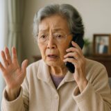 自宅でスマホを耳に当て、驚きと警戒の表情を浮かべる日本人高齢女性。高齢者を狙った特殊詐欺への注意喚起をイメージさせる場面