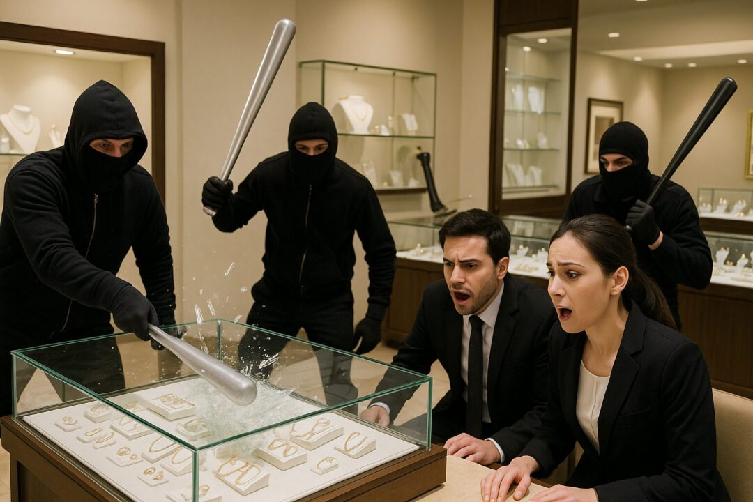 貴金属展示会場で、金属バットを手にした覆面の3人組がショーケースを破壊しする犯罪現場の様子。