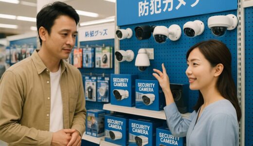 防犯グッズコーナーで防犯カメラを見ながら相談する日本人夫婦