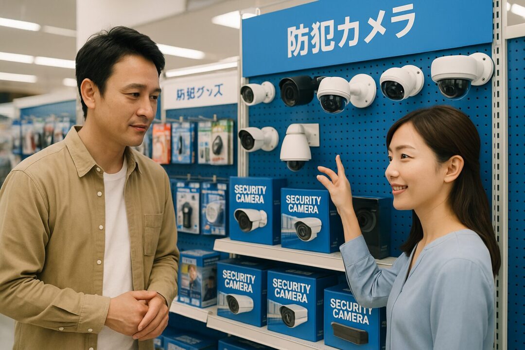 防犯グッズコーナーで防犯カメラを見ながら相談する日本人夫婦