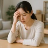 悩む 女性 フリー 素材として活用可能な一枚。自宅のダイニングテーブルで、頭を抱えながら俯く日本人女性が写る自然光の差すリアルな生活シーン。