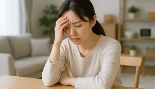 自宅で悩む女性 フリー素材：テーブルにうつむく主婦の姿【ap000032】