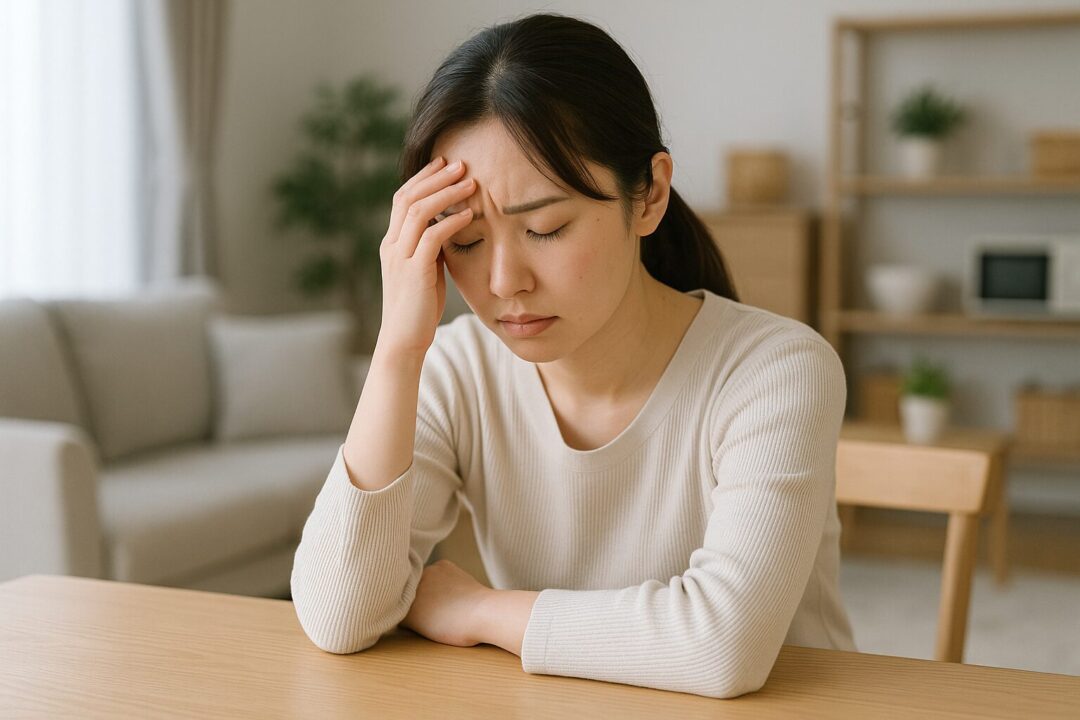 悩む 女性 フリー 素材として活用可能な一枚。自宅のダイニングテーブルで、頭を抱えながら俯く日本人女性が写る自然光の差すリアルな生活シーン。
