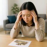 テーブルの上に置かれた日本円の紙幣と硬貨を前に、悩む 女性 フリー 素材として適したシーン。自宅でお金の不安を抱える日本人女性が頭を抱えて俯く様子。