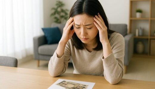 テーブルの上に置かれた日本円の紙幣と硬貨を前に、悩む 女性 フリー 素材として適したシーン。自宅でお金の不安を抱える日本人女性が頭を抱えて俯く様子。