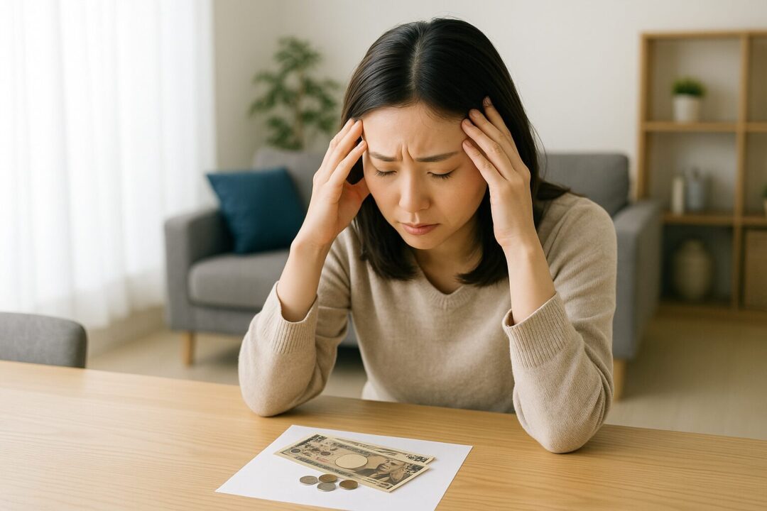 テーブルの上に置かれた日本円の紙幣と硬貨を前に、悩む 女性 フリー 素材として適したシーン。自宅でお金の不安を抱える日本人女性が頭を抱えて俯く様子。