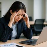 仕事のトラブルに悩む女性 フリー素材：会社で頭を抱えるスーツ姿の日本人女性【ap000034】