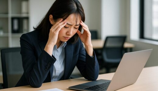 悩む 女性 フリー 素材として活用可能なシーン。会社のデスクで頭を抱え、仕事上の問題に直面しているスーツ姿の女性が、横長構図でリアルに描かれている。
