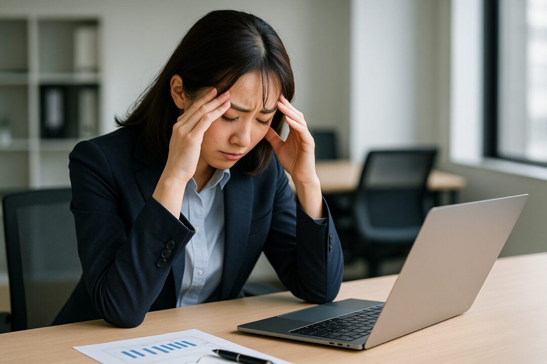 悩む 女性 フリー 素材として活用可能なシーン。会社のデスクで頭を抱え、仕事上の問題に直面しているスーツ姿の女性が、横長構図でリアルに描かれている。