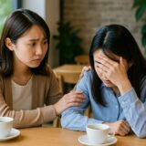 カフェで友達に人間関係の悩みを相談する様子を表現した悩む 女性 フリー 素材。落ち込む女性に寄り添う友人の表情が印象的なリアルなコミュニケーションシーン。