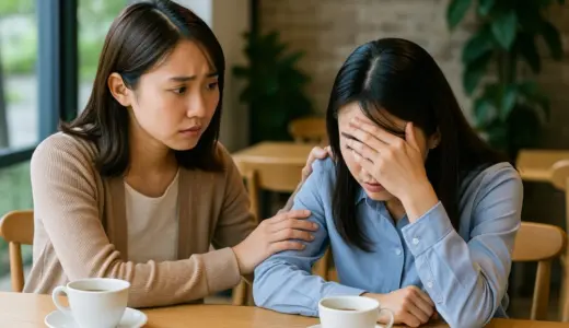 カフェで友達に人間関係の悩みを相談する様子を表現した悩む 女性 フリー 素材。落ち込む女性に寄り添う友人の表情が印象的なリアルなコミュニケーションシーン。