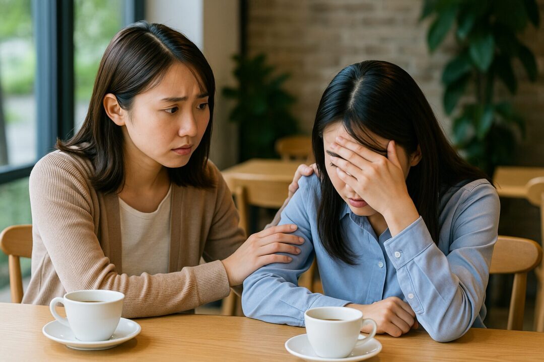 カフェで友達に人間関係の悩みを相談する様子を表現した悩む 女性 フリー 素材。落ち込む女性に寄り添う友人の表情が印象的なリアルなコミュニケーションシーン。