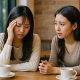 悩む女性がカフェで友達に恋愛相談する様子を捉えたフリー素材。心配そうに話を聞く友人の姿が、リアルな人間関係のやり取りを印象づける。