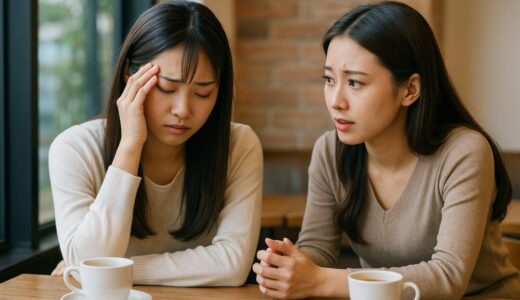 悩む女性がカフェで友達に恋愛相談する様子を捉えたフリー素材。心配そうに話を聞く友人の姿が、リアルな人間関係のやり取りを印象づける。