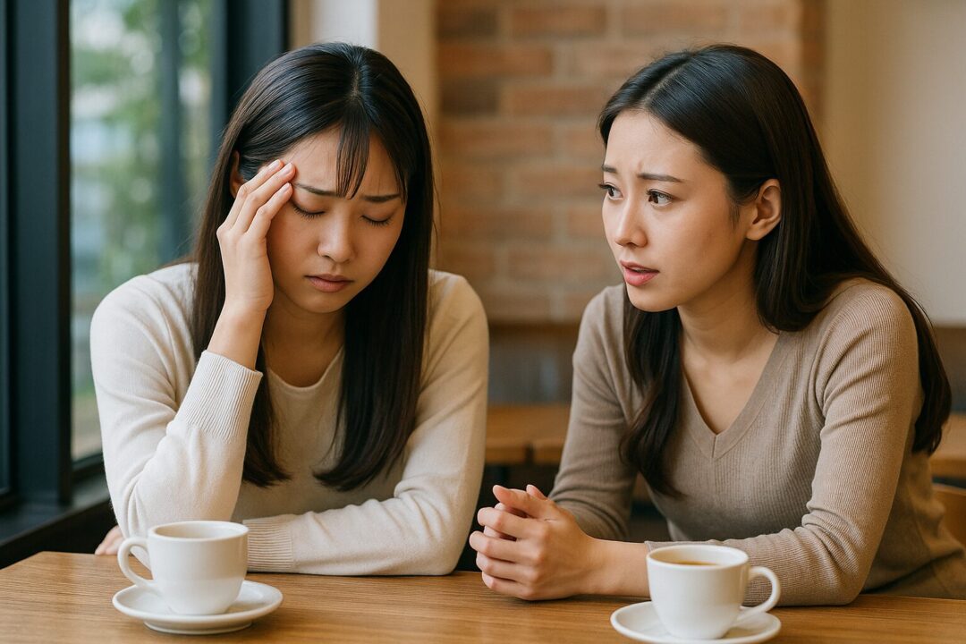 悩む女性がカフェで友達に恋愛相談する様子を捉えたフリー素材。心配そうに話を聞く友人の姿が、リアルな人間関係のやり取りを印象づける。