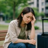 悩む女性 フリー素材：旅行先でトラブルに不安を抱える日本人女性【ap000037】