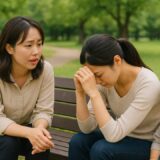 緑に囲まれた公園のベンチで、子どもを連れた母親が子育ての悩みを親友に打ち明ける様子。リアルな表情と自然光が温かな日常の一コマを表現。