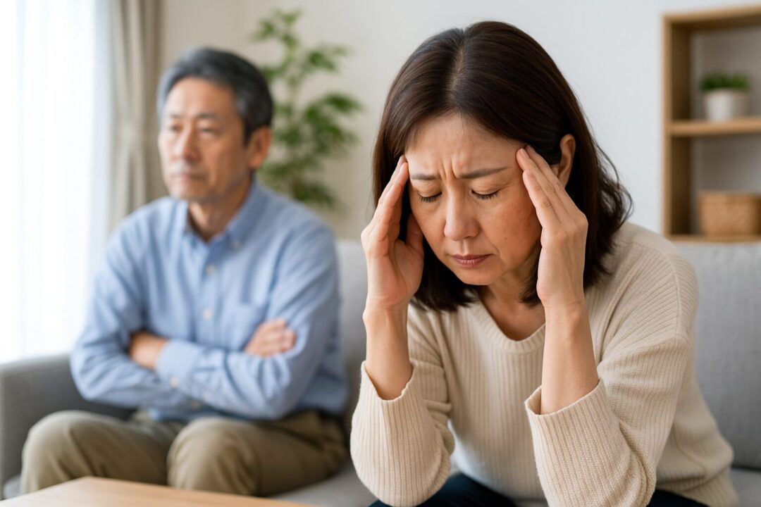 自宅のリビングで、夫婦関係に悩む中年女性が頭を抱えるシーン。夫が後ろに座り、無言で見つめる中、緊張感のある家庭の一コマをリアルに表現