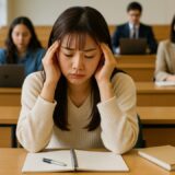 大学の講義室でノートを前に頭を抱える女子大学生。周囲の学生が静かに学ぶ中、勉強への不安と集中の難しさに悩む女性
