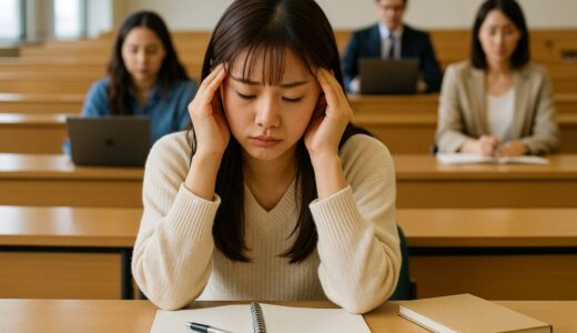 悩む女性 フリー素材：大学の講義で勉強に悩む女子学生【ap000040】