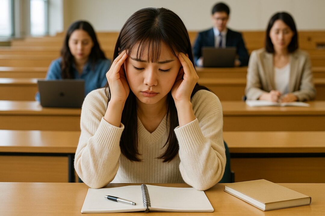 大学の講義室でノートを前に頭を抱える女子大学生。周囲の学生が静かに学ぶ中、勉強への不安と集中の難しさに悩む女性