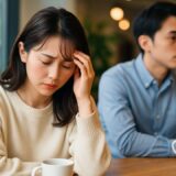 カフェのテーブルで沈黙するカップル。女性は頭を抱えて悩み、男性は視線を逸らし無言のまま。恋愛のすれ違いを感じさせる場面